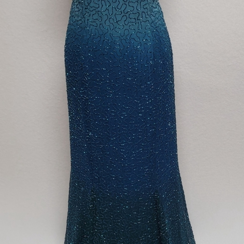Laurence Kazar 90s Vintage Teal Ombre Beaded Silk Backless Maxi Formal Dress 8 - Picture 4 of 12